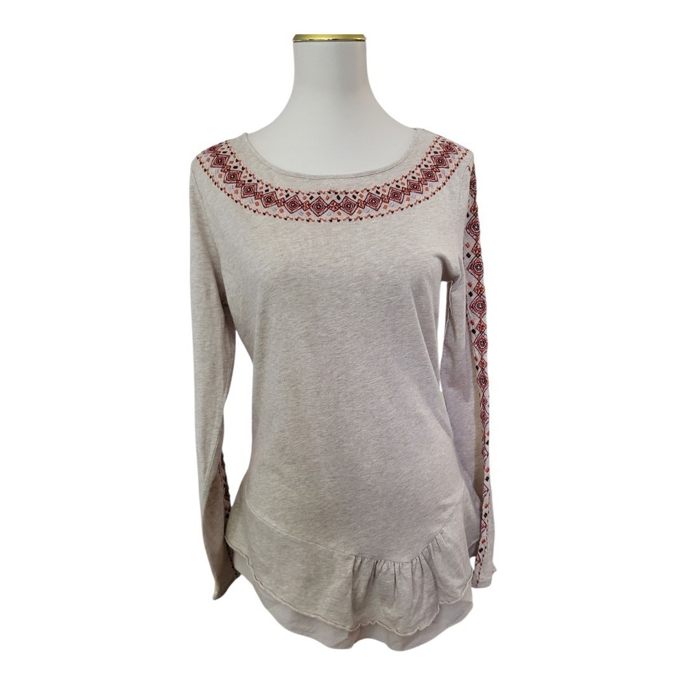 Sundance Women's Beige Embroidered Boho Long Sleeve Top Small 100% Cotton Ruffle